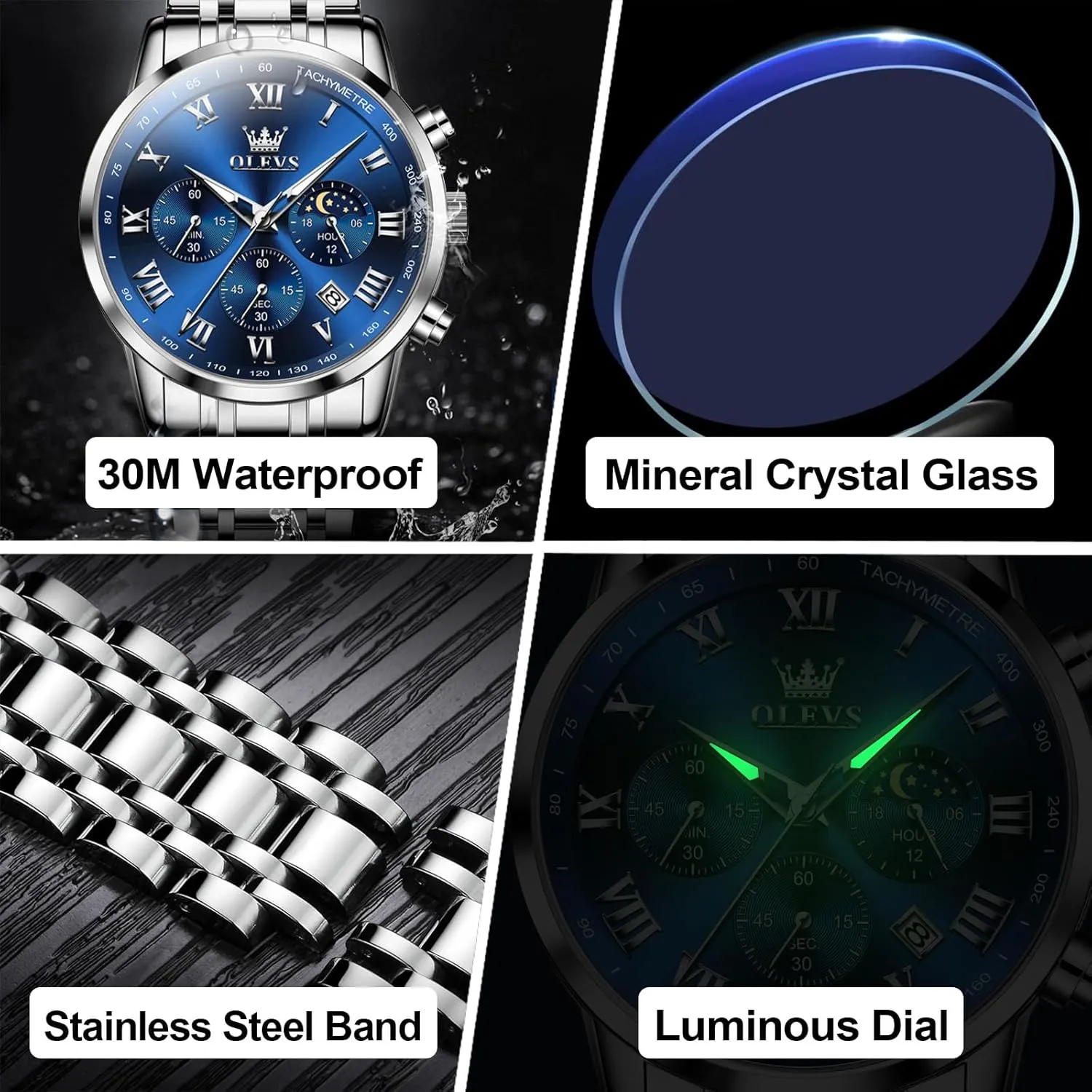 Analog Quartz Dress Watches for Men, Fashion Multifunctional Waterproof fireplace Luminous Hands Men's Wristwatch OLEVS Mens Stainless Steel Chronograph Watch, Big Face Roman Numerals Date 