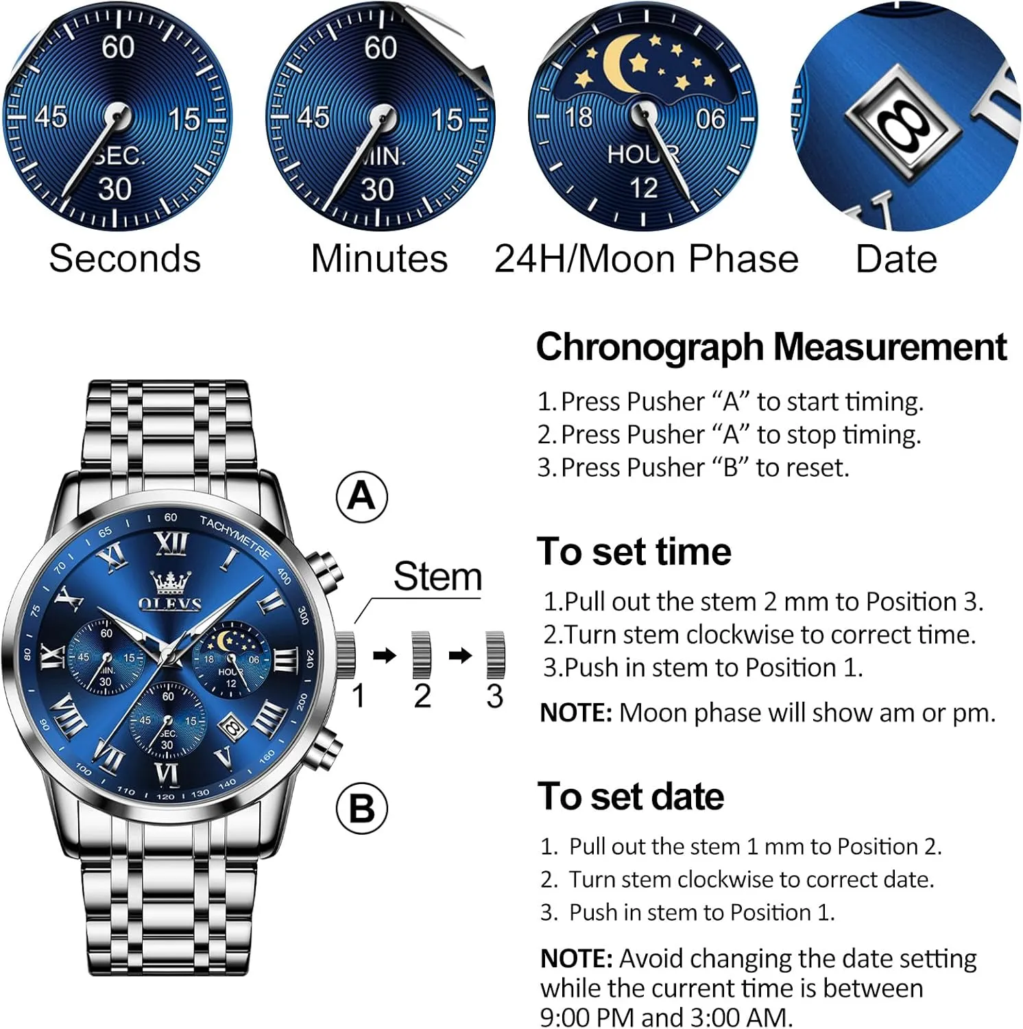 Analog Quartz Dress Watches for Men, Fashion Multifunctional Waterproof fireplace Luminous Hands Men's Wristwatch OLEVS Mens Stainless Steel Chronograph Watch, Big Face Roman Numerals Date 