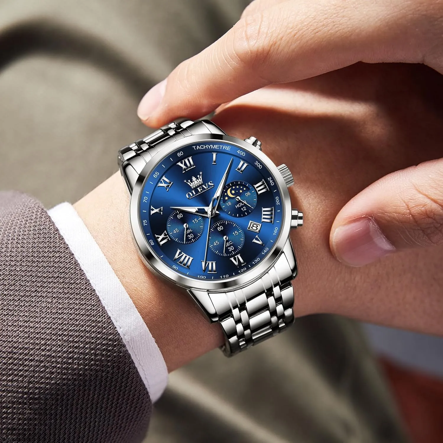 Analog Quartz Dress Watches for Men, Fashion Multifunctional Waterproof fireplace Luminous Hands Men's Wristwatch OLEVS Mens Stainless Steel Chronograph Watch, Big Face Roman Numerals Date 