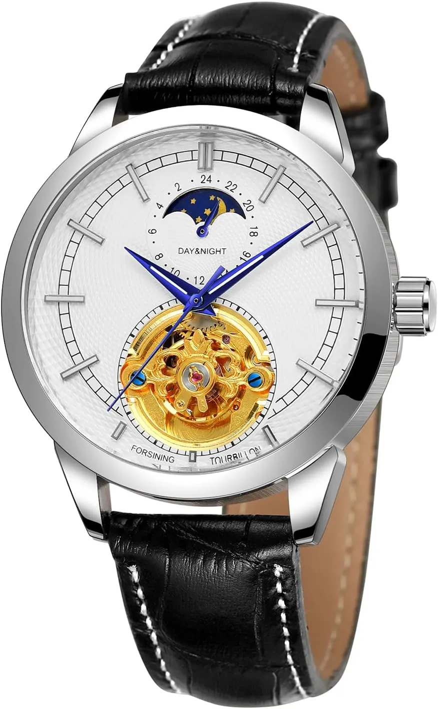 Analogue Moon Phase Self Winding Watch FORSINING Mens flattish canoes fresco musician erratic Waterproof Automatic 