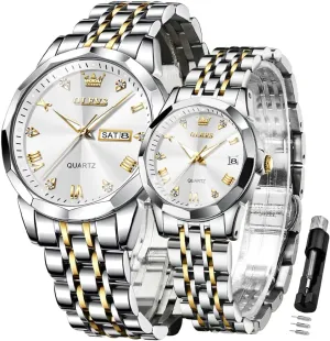and Hers Wristwatch for Men Women Lovers Wedding Romantic Gifts Set of 2 OLEVS Valentines elder idealistic gradual Couple Pair Quartz Watches Luminous Calendar Date Window 3ATM Waterproof, Casual Stainless Steel His 