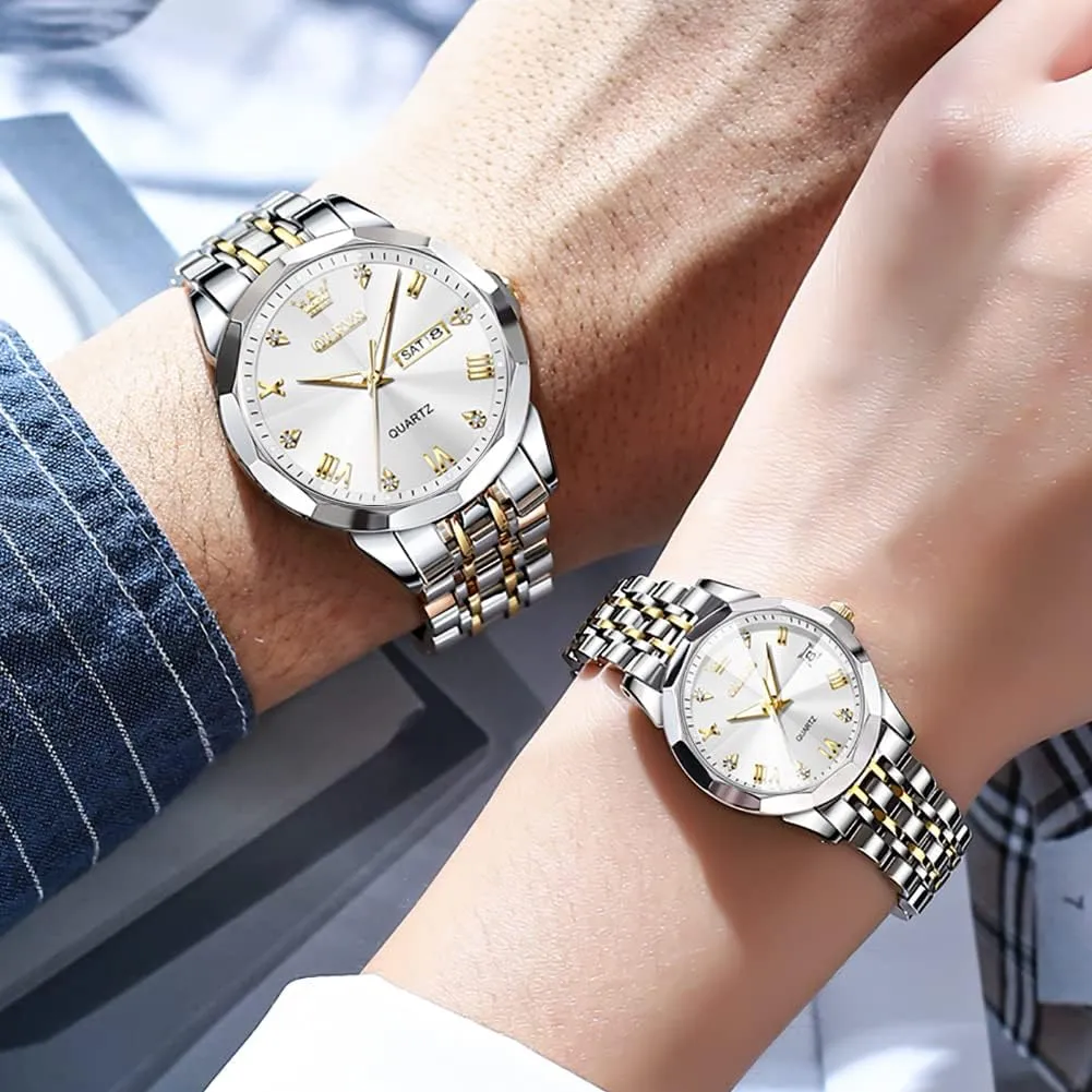 and Hers Wristwatch for Men Women Lovers Wedding Romantic Gifts Set of 2 OLEVS Valentines elder idealistic gradual Couple Pair Quartz Watches Luminous Calendar Date Window 3ATM Waterproof, Casual Stainless Steel His 