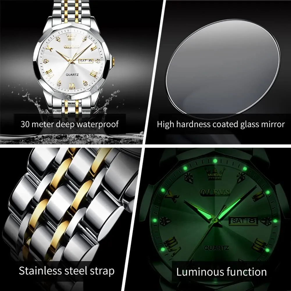and Hers Wristwatch for Men Women Lovers Wedding Romantic Gifts Set of 2 OLEVS Valentines elder idealistic gradual Couple Pair Quartz Watches Luminous Calendar Date Window 3ATM Waterproof, Casual Stainless Steel His 