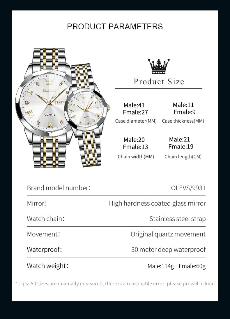 and Hers Wristwatch for Men Women Lovers Wedding Romantic Gifts Set of 2 OLEVS Valentines elder idealistic gradual Couple Pair Quartz Watches Luminous Calendar Date Window 3ATM Waterproof, Casual Stainless Steel His 