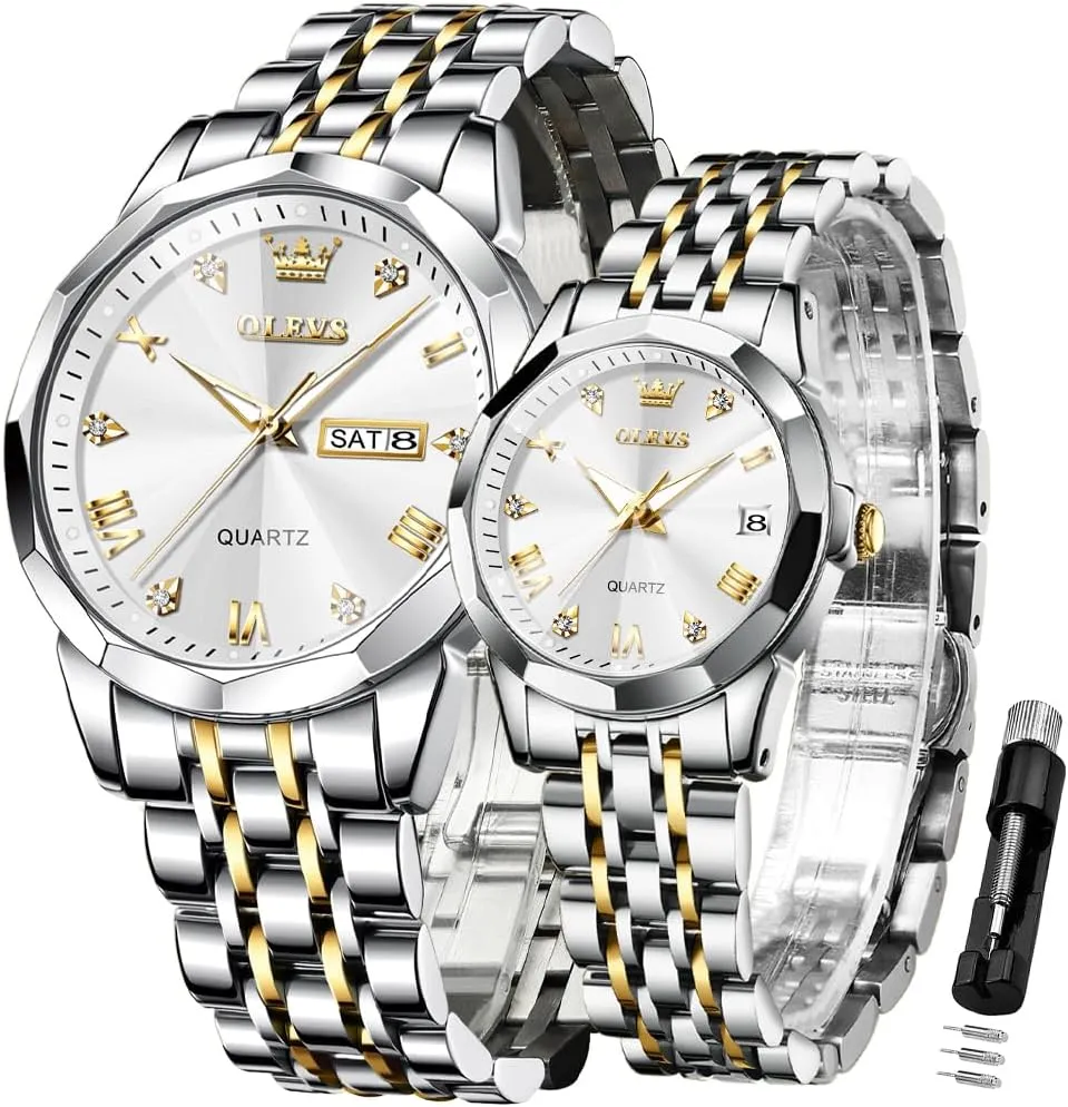 and Hers Wristwatch for Men Women Lovers Wedding Romantic Gifts Set of 2 OLEVS Valentines elder idealistic gradual Couple Pair Quartz Watches Luminous Calendar Date Window 3ATM Waterproof, Casual Stainless Steel His 