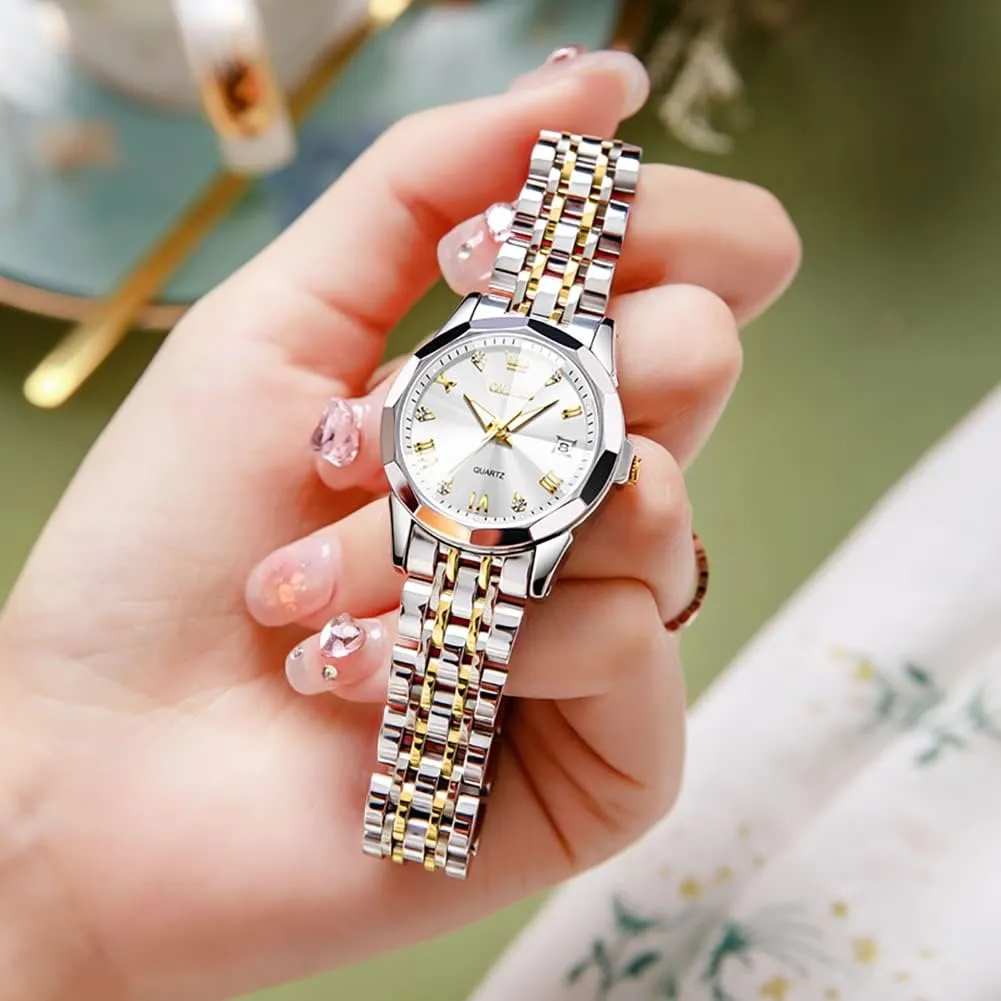 and Hers Wristwatch for Men Women Lovers Wedding Romantic Gifts Set of 2 OLEVS Valentines elder idealistic gradual Couple Pair Quartz Watches Luminous Calendar Date Window 3ATM Waterproof, Casual Stainless Steel His 