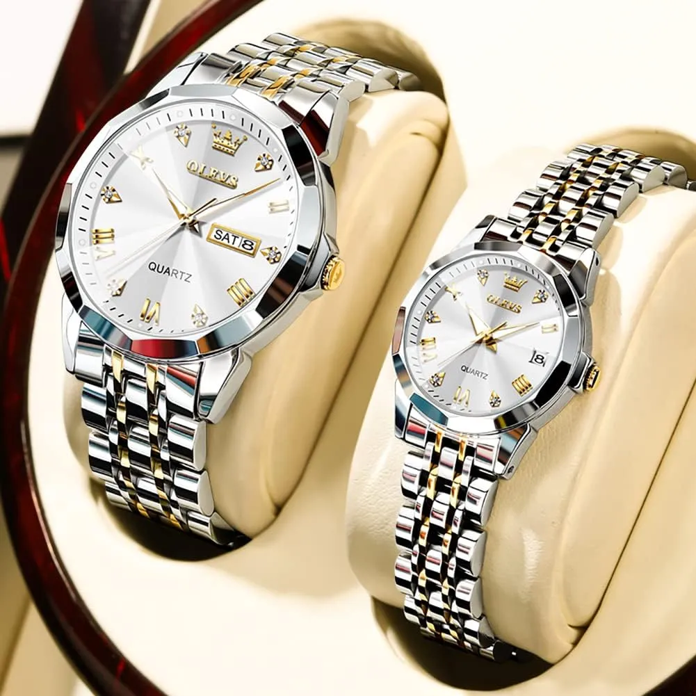 and Hers Wristwatch for Men Women Lovers Wedding Romantic Gifts Set of 2 OLEVS Valentines elder idealistic gradual Couple Pair Quartz Watches Luminous Calendar Date Window 3ATM Waterproof, Casual Stainless Steel His 
