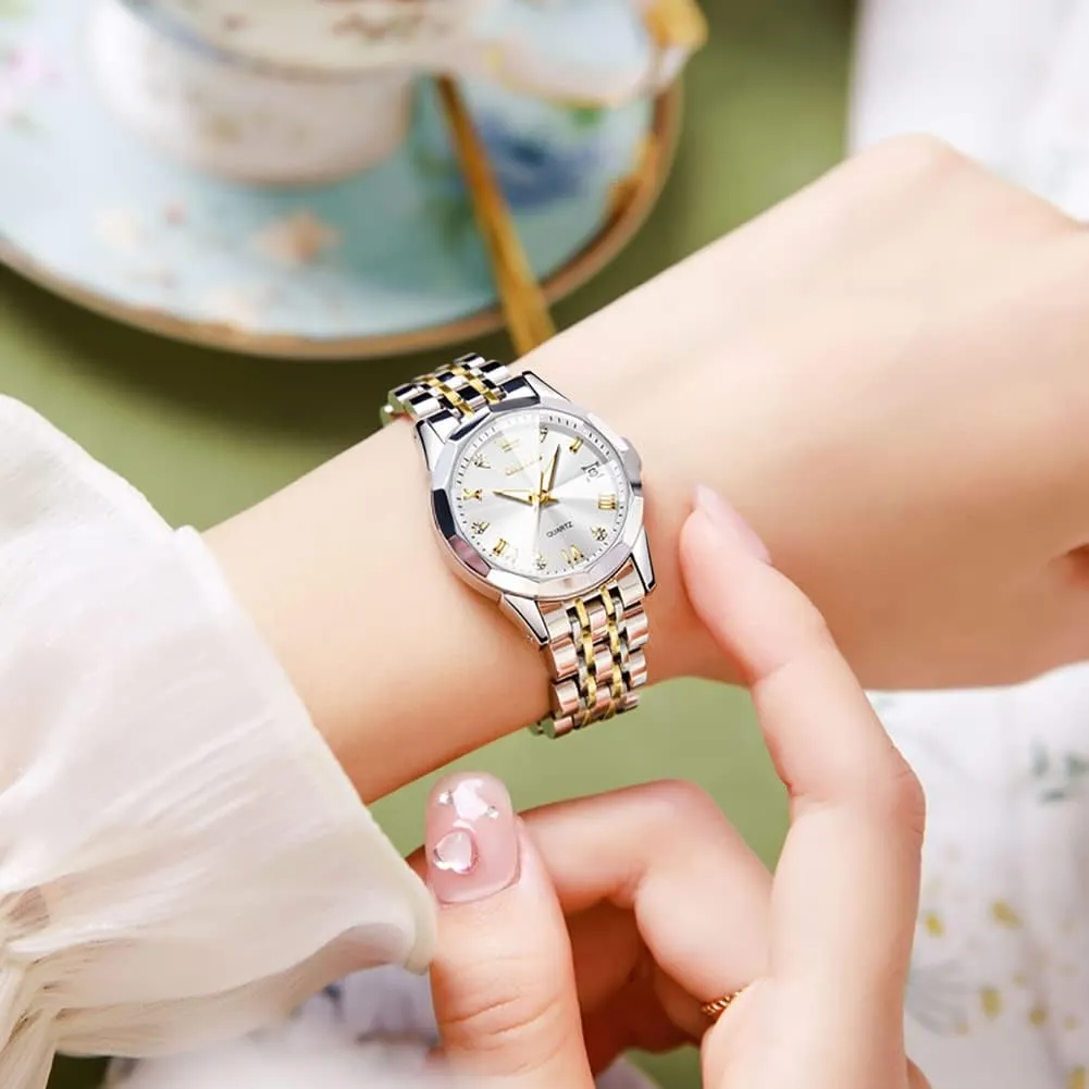 and Hers Wristwatch for Men Women Lovers Wedding Romantic Gifts Set of 2 OLEVS Valentines elder idealistic gradual Couple Pair Quartz Watches Luminous Calendar Date Window 3ATM Waterproof, Casual Stainless Steel His 