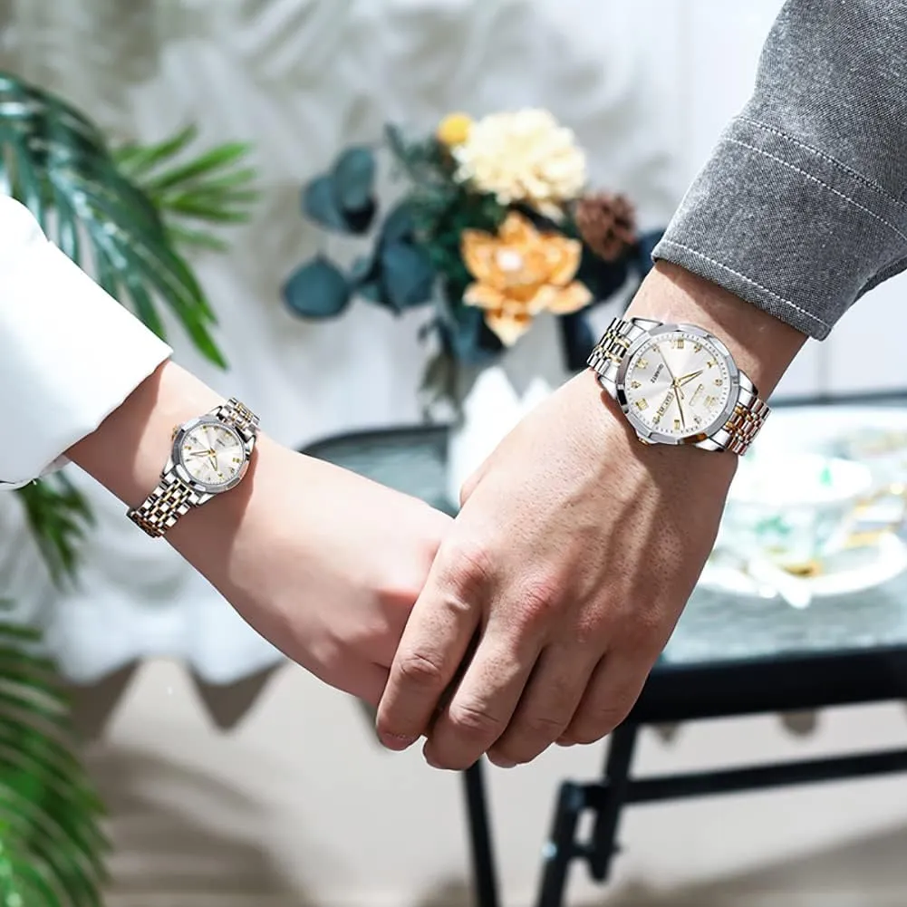 and Hers Wristwatch for Men Women Lovers Wedding Romantic Gifts Set of 2 OLEVS Valentines elder idealistic gradual Couple Pair Quartz Watches Luminous Calendar Date Window 3ATM Waterproof, Casual Stainless Steel His 