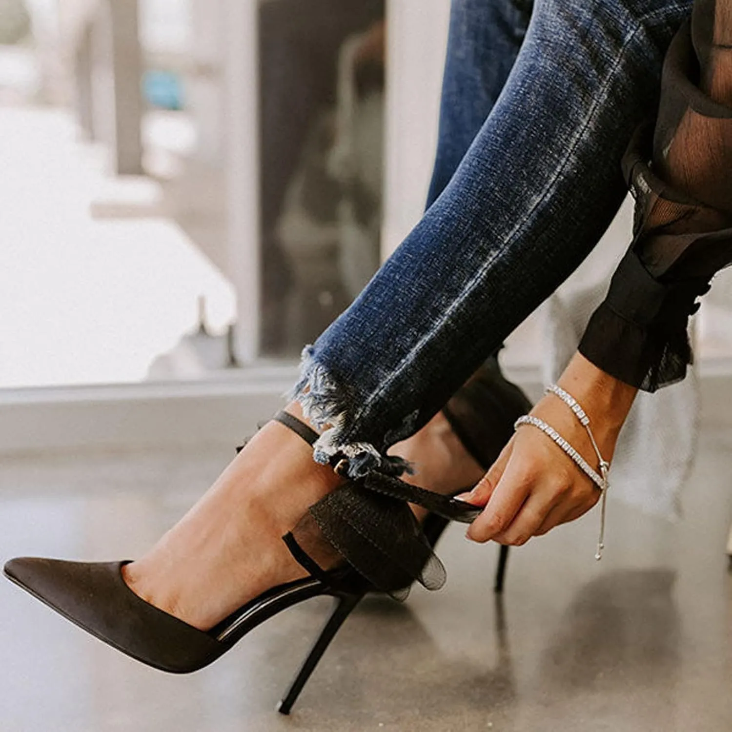 Ankle Strap Satin Stiletto Pumps Coutgo Women's Closed Pointed Toe scout crooked High Heels with Bow Knot 