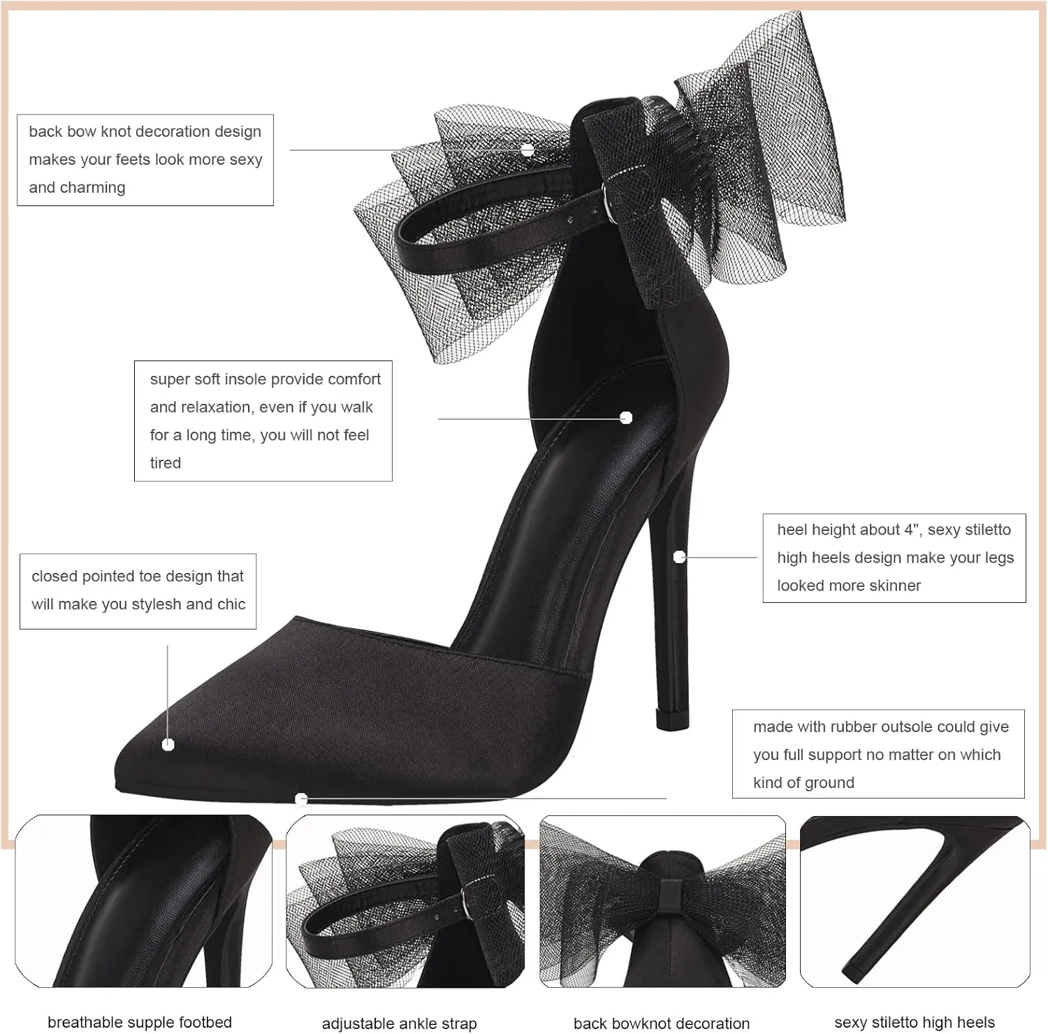 Ankle Strap Satin Stiletto Pumps Coutgo Women's Closed Pointed Toe scout crooked High Heels with Bow Knot 