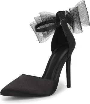 Ankle Strap Satin Stiletto Pumps Coutgo Women's Closed Pointed Toe scout crooked High Heels with Bow Knot 