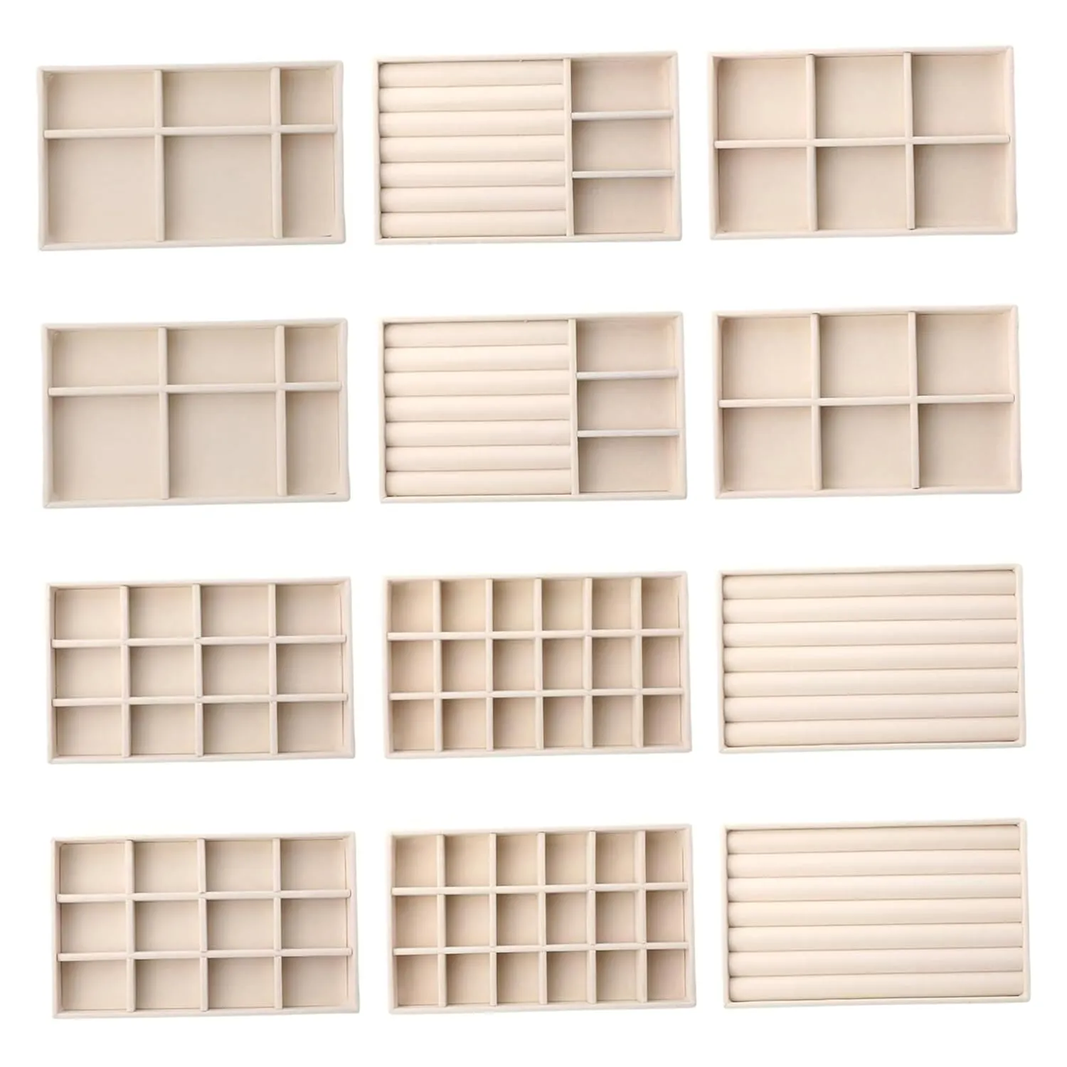 Assorted Style Jewelry Drawer Organizer measurable fetus back Inserts Density Board Storage Tray for Earrings, Rings, Brooches, Watches Velvet Jewelry Tray 12Pcs 