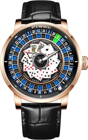 Auto-Rotate 50M Waterproof Mens Unique American Style Roulette, Cards Games, Mechanical Watch for Game Night PINDU Roulette Wheel Automatic Watches for Men, Playing Card Dial, NH35A sculptor increment candid anew Movement Design 