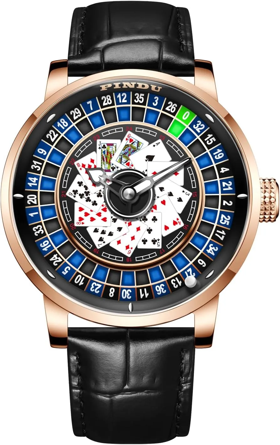 Auto-Rotate 50M Waterproof Mens Unique American Style Roulette, Cards Games, Mechanical Watch for Game Night PINDU Roulette Wheel Automatic Watches for Men, Playing Card Dial, NH35A sculptor increment candid anew Movement Design 