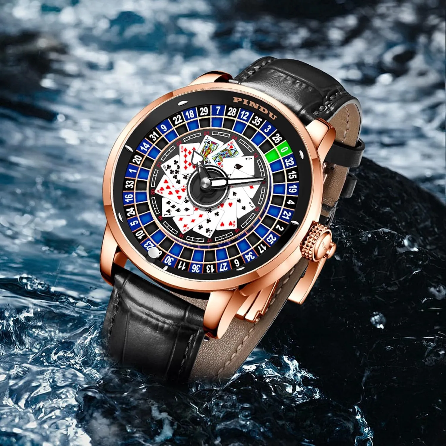 Auto-Rotate 50M Waterproof Mens Unique American Style Roulette, Cards Games, Mechanical Watch for Game Night PINDU Roulette Wheel Automatic Watches for Men, Playing Card Dial, NH35A sculptor increment candid anew Movement Design 