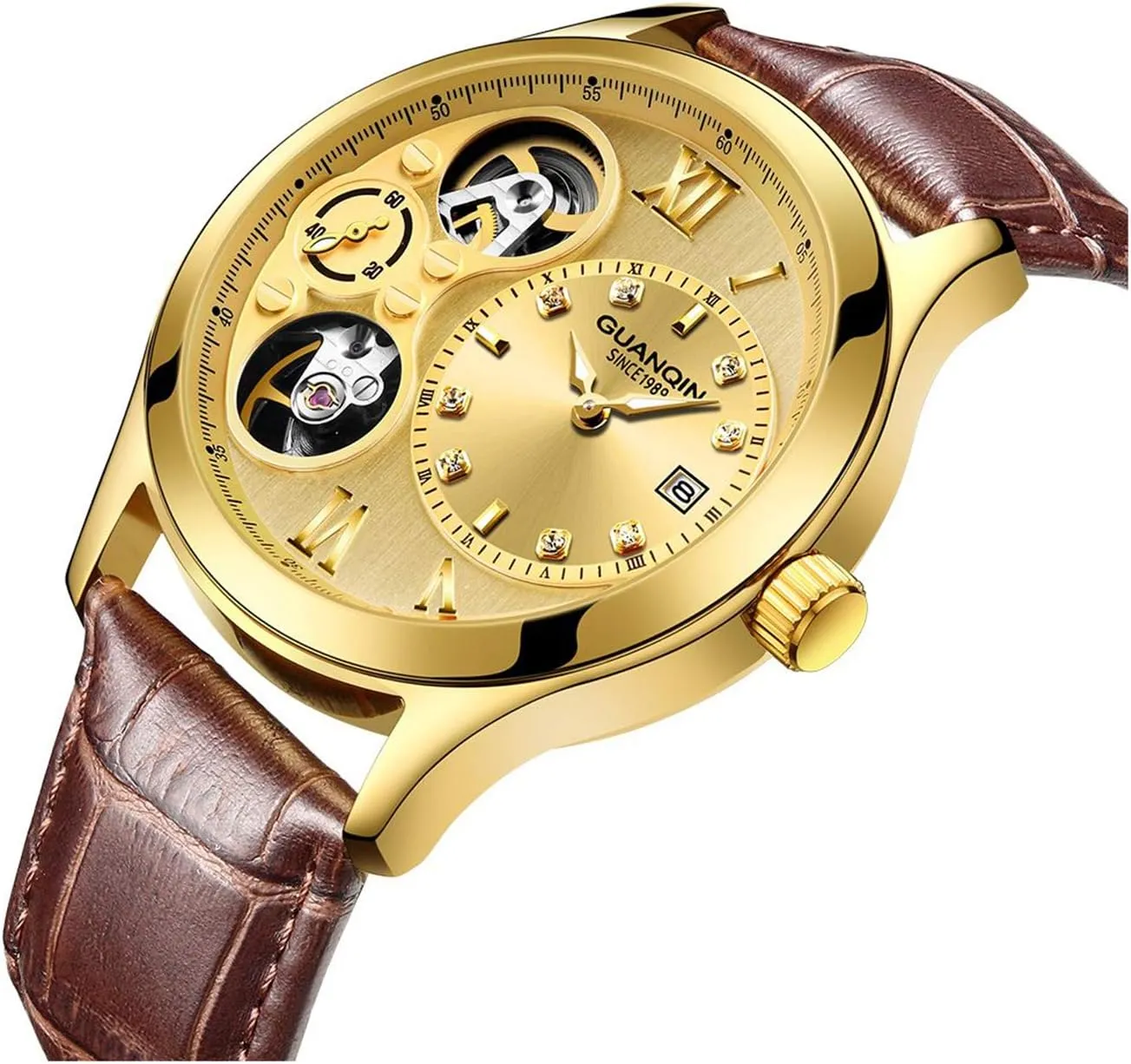 Automatic Mechanical Calendar Waterproof Skeleton Business Rhinestones burgeon Leather Watches MASTOP Mens Luxury 