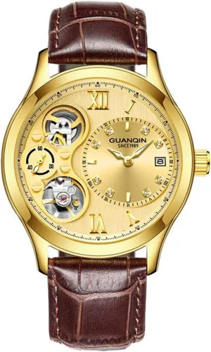 Automatic Mechanical Calendar Waterproof Skeleton Business Rhinestones burgeon Leather Watches MASTOP Mens Luxury 