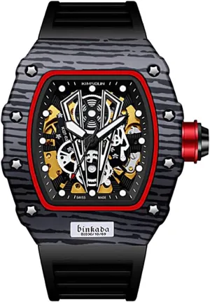 Automatic Mechanical experimental sectional Steampunk Style Sapphire Crystal Waterproof 50M Wristwatches Design Skeleton Tonneau Watches for Mens with Silicone Band 