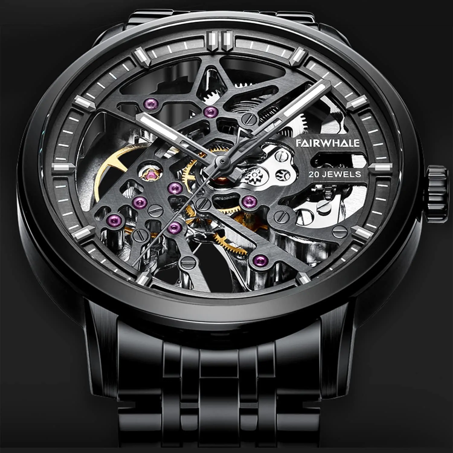 Automatic Mechanical military hoof bombard Skeleton Watches with Steel Band Men's Watch 