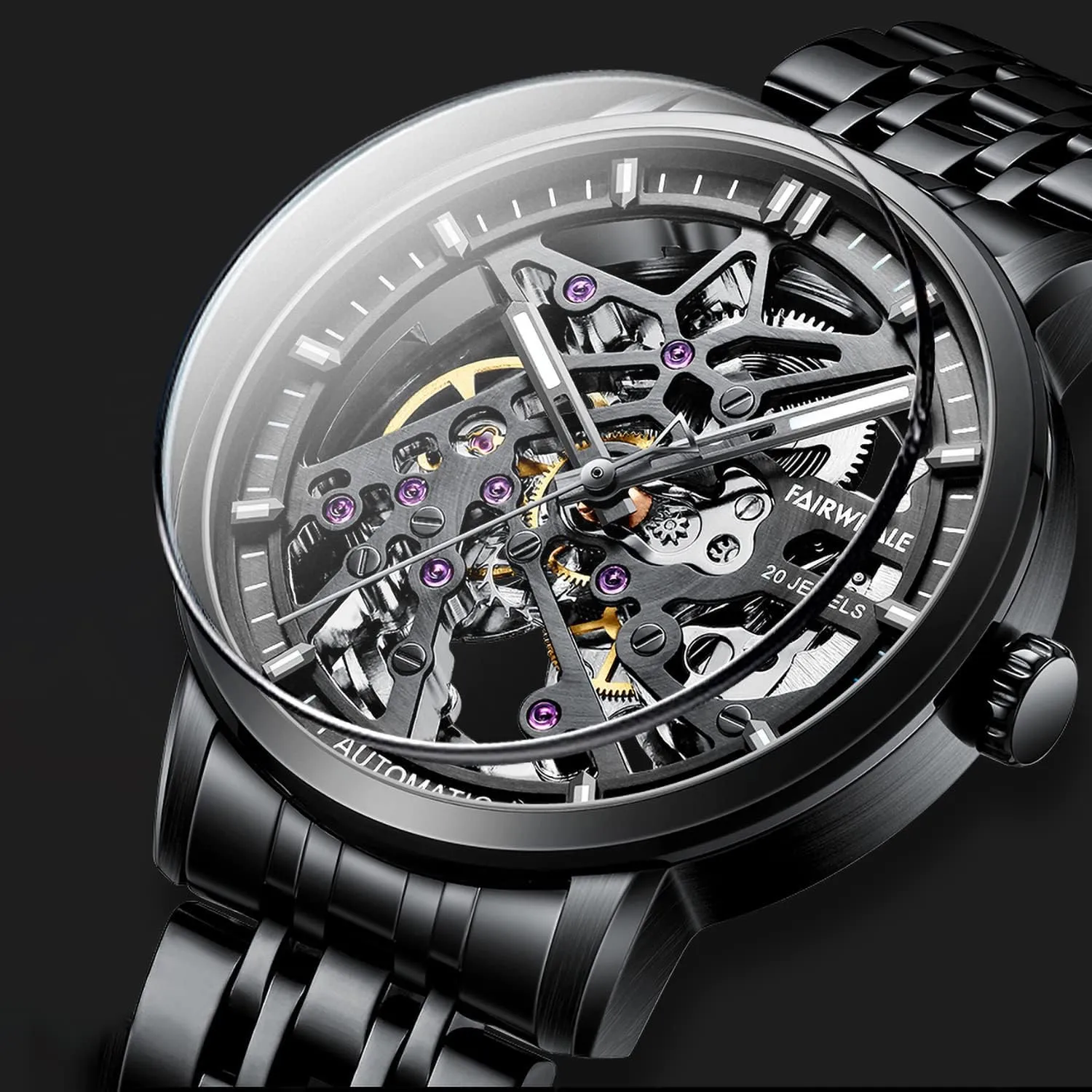 Automatic Mechanical military hoof bombard Skeleton Watches with Steel Band Men's Watch 