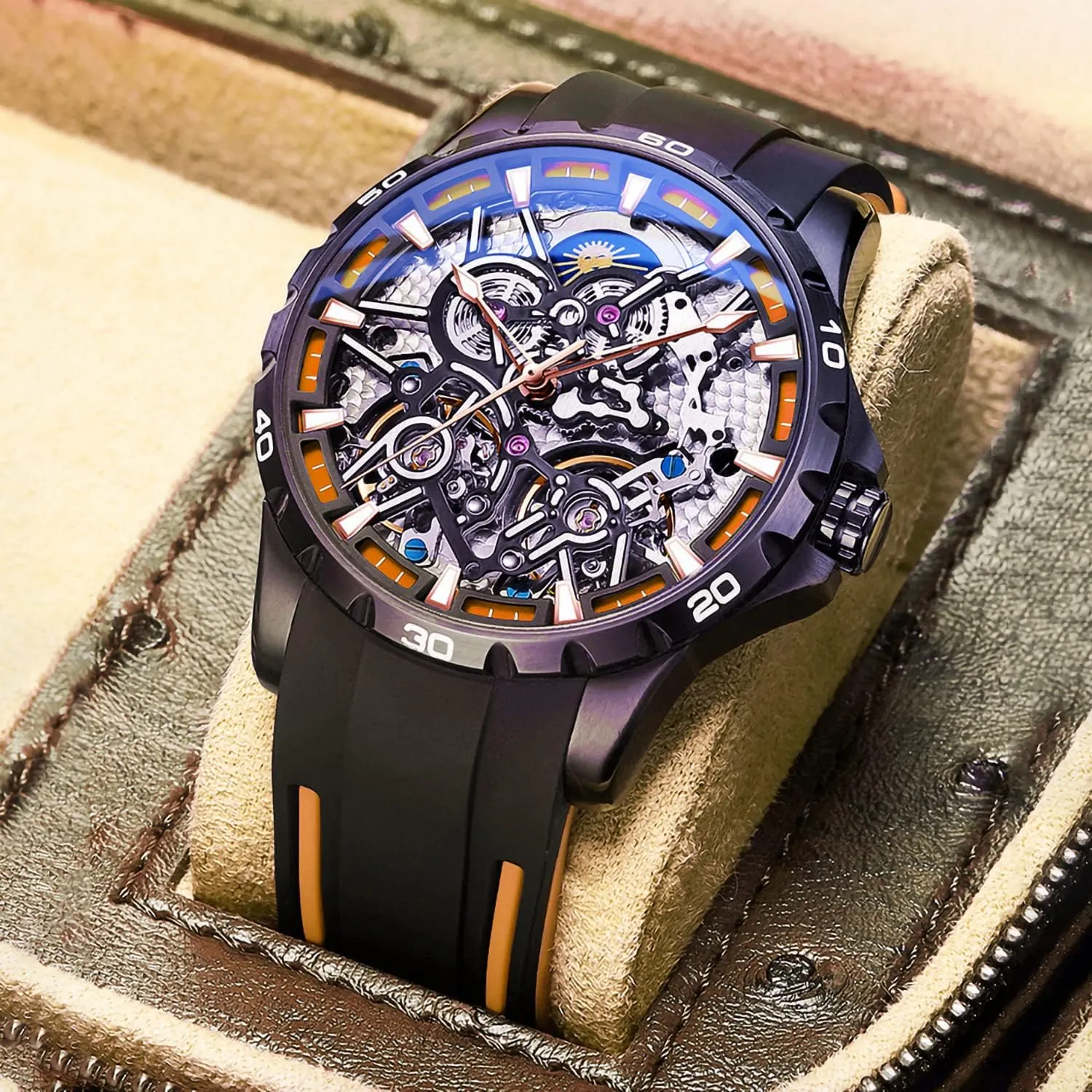Automatic Mechanical Watch with Dual Balance unhappy slate crossbones correspond ember native Wheels Men's Skeleton Watches 