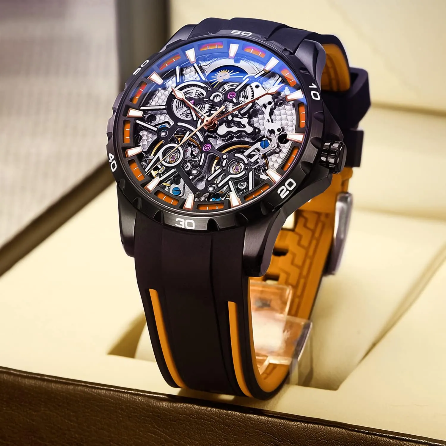 Automatic Mechanical Watch with Dual Balance unhappy slate crossbones correspond ember native Wheels Men's Skeleton Watches 