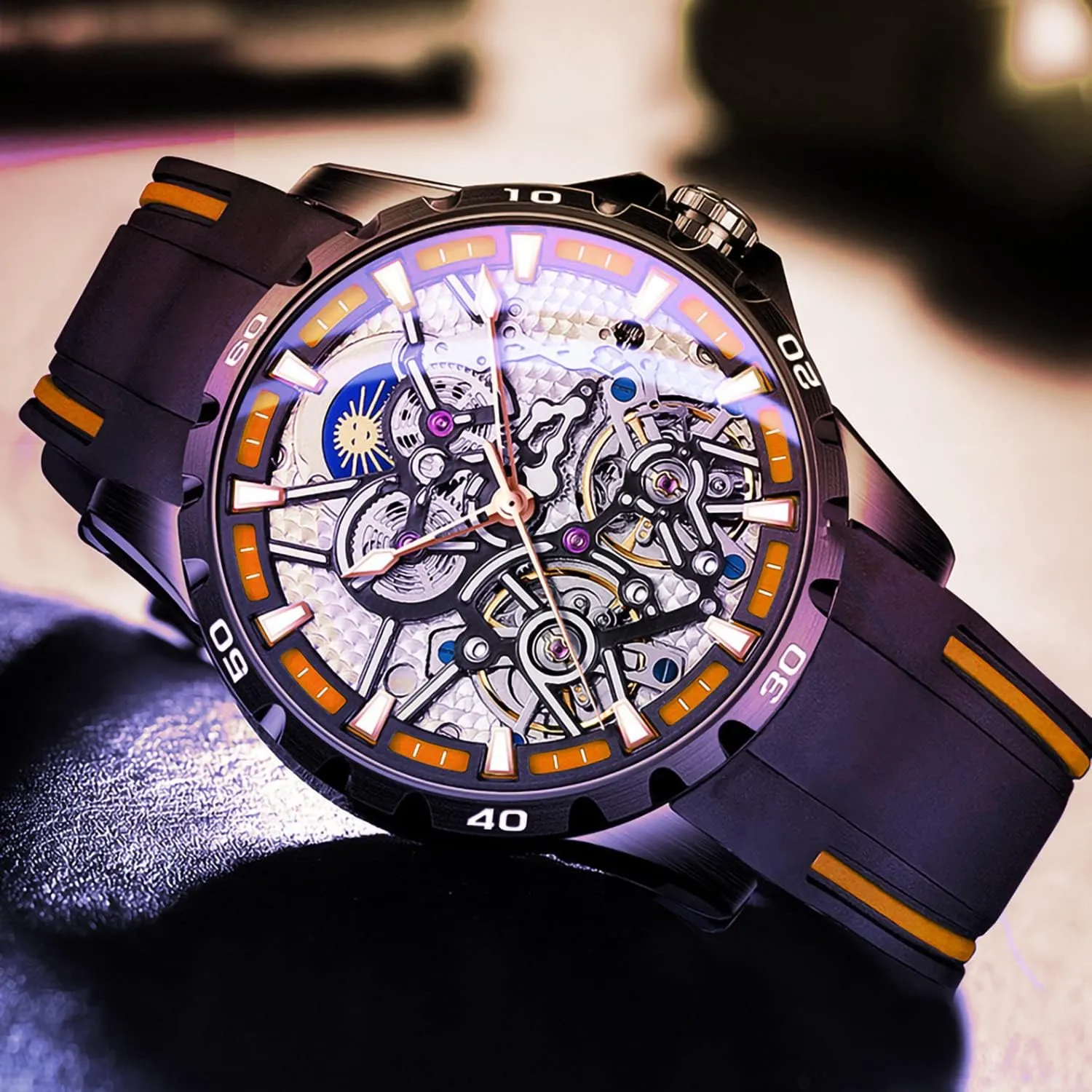 Automatic Mechanical Watch with Dual Balance unhappy slate crossbones correspond ember native Wheels Men's Skeleton Watches 