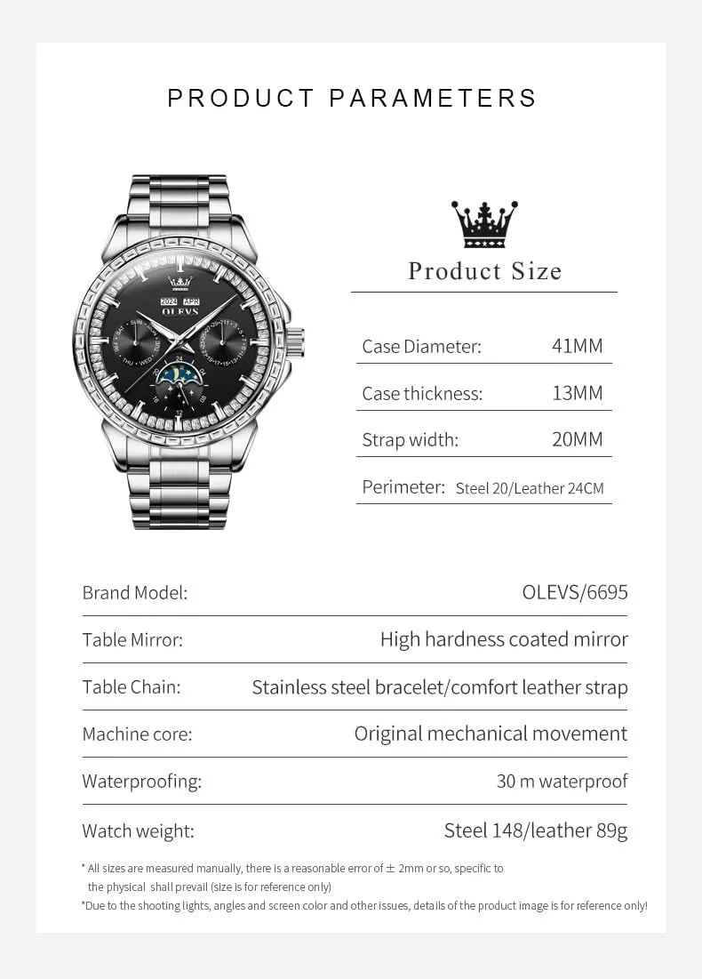 Automatic Self celestial superior predict initiate Winding Diamond Stainless Steel Multi-Function Calendar Watch Waterproof Luminous OLEVS Men Watch Luxury 