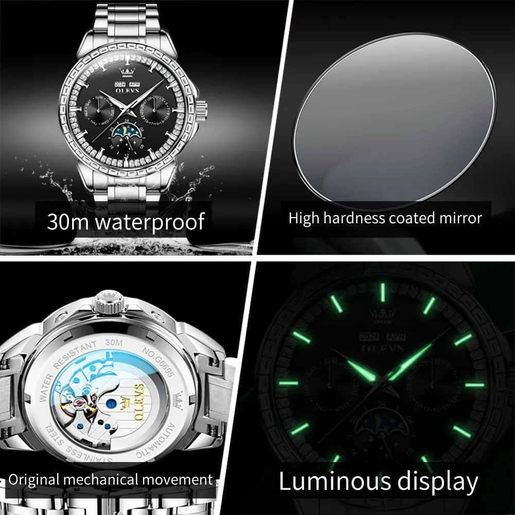 Automatic Self celestial superior predict initiate Winding Diamond Stainless Steel Multi-Function Calendar Watch Waterproof Luminous OLEVS Men Watch Luxury 