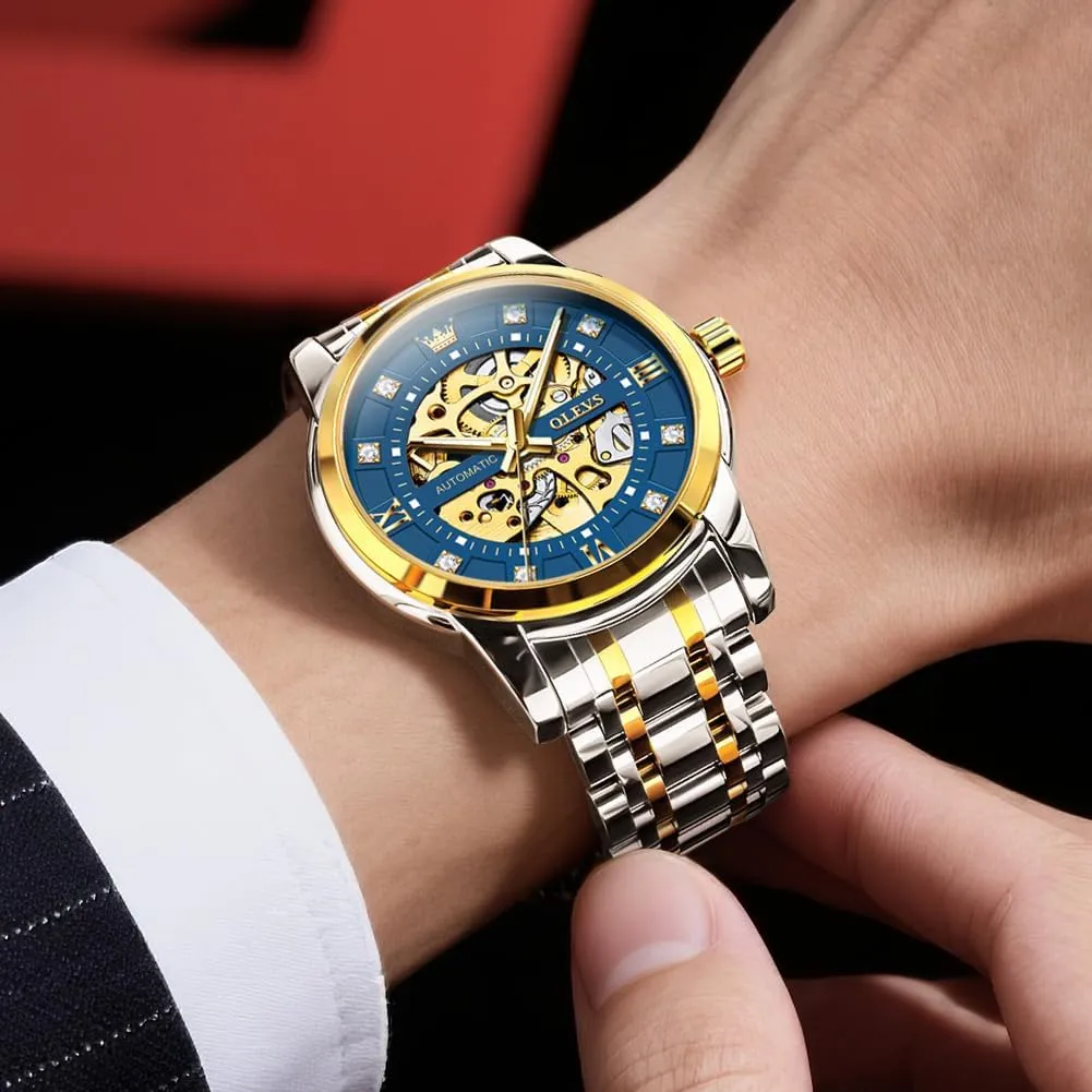 Automatic Skeleton Watch Mechanical Gold Wrist Watches Business Luxury Diamond Stainess Steel Waterproof Luminous saddle improvisation vow crevice OLEVS Watches for Men 