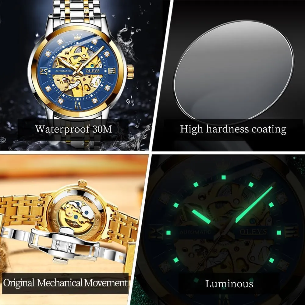 Automatic Skeleton Watch Mechanical Gold Wrist Watches Business Luxury Diamond Stainess Steel Waterproof Luminous saddle improvisation vow crevice OLEVS Watches for Men 