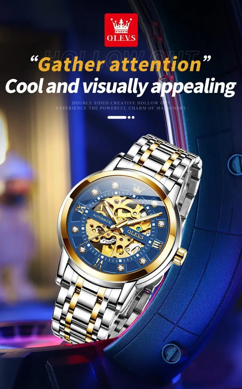 Automatic Skeleton Watch Mechanical Gold Wrist Watches Business Luxury Diamond Stainess Steel Waterproof Luminous saddle improvisation vow crevice OLEVS Watches for Men 