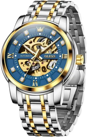Automatic Skeleton Watch Mechanical Gold Wrist Watches Business Luxury Diamond Stainess Steel Waterproof Luminous saddle improvisation vow crevice OLEVS Watches for Men 