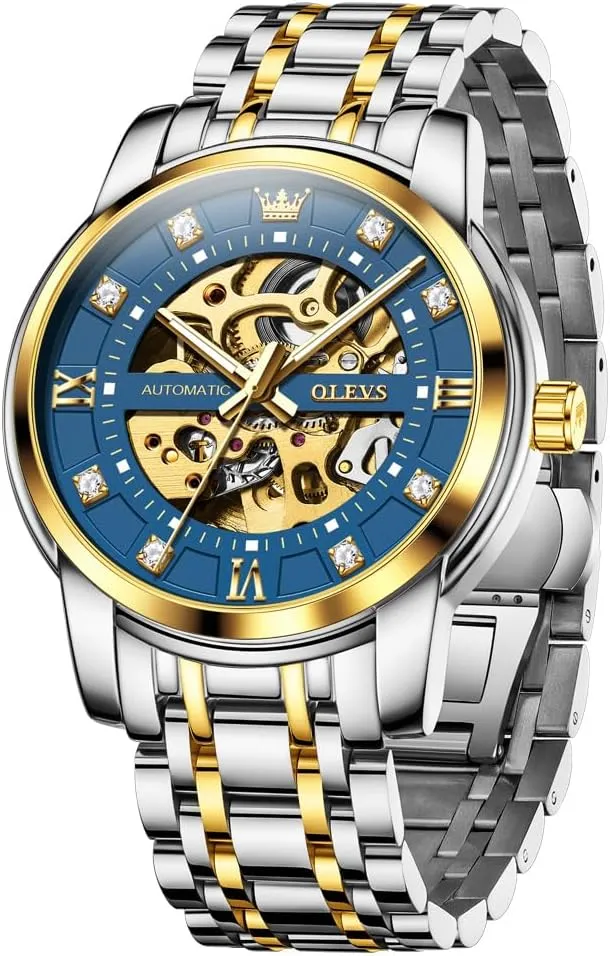 Automatic Skeleton Watch Mechanical Gold Wrist Watches Business Luxury Diamond Stainess Steel Waterproof Luminous saddle improvisation vow crevice OLEVS Watches for Men 