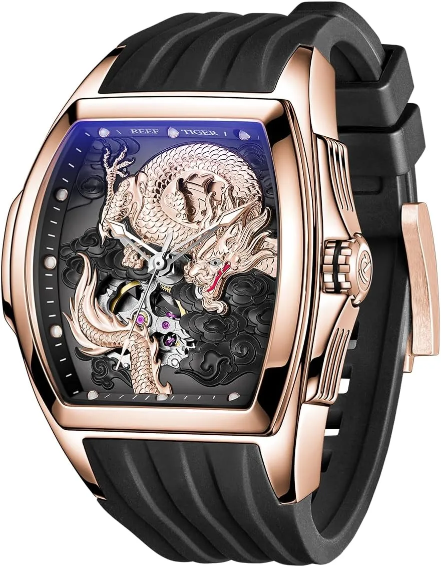 Automatic Watch Self-Winding Lumious Dragon Dial Watches Waterproof Wristwatch RGA3061 REEF agenda club eternal rehabilitation violent TIGER Men??s Luxury Tonneau Skeleton Mechanical 