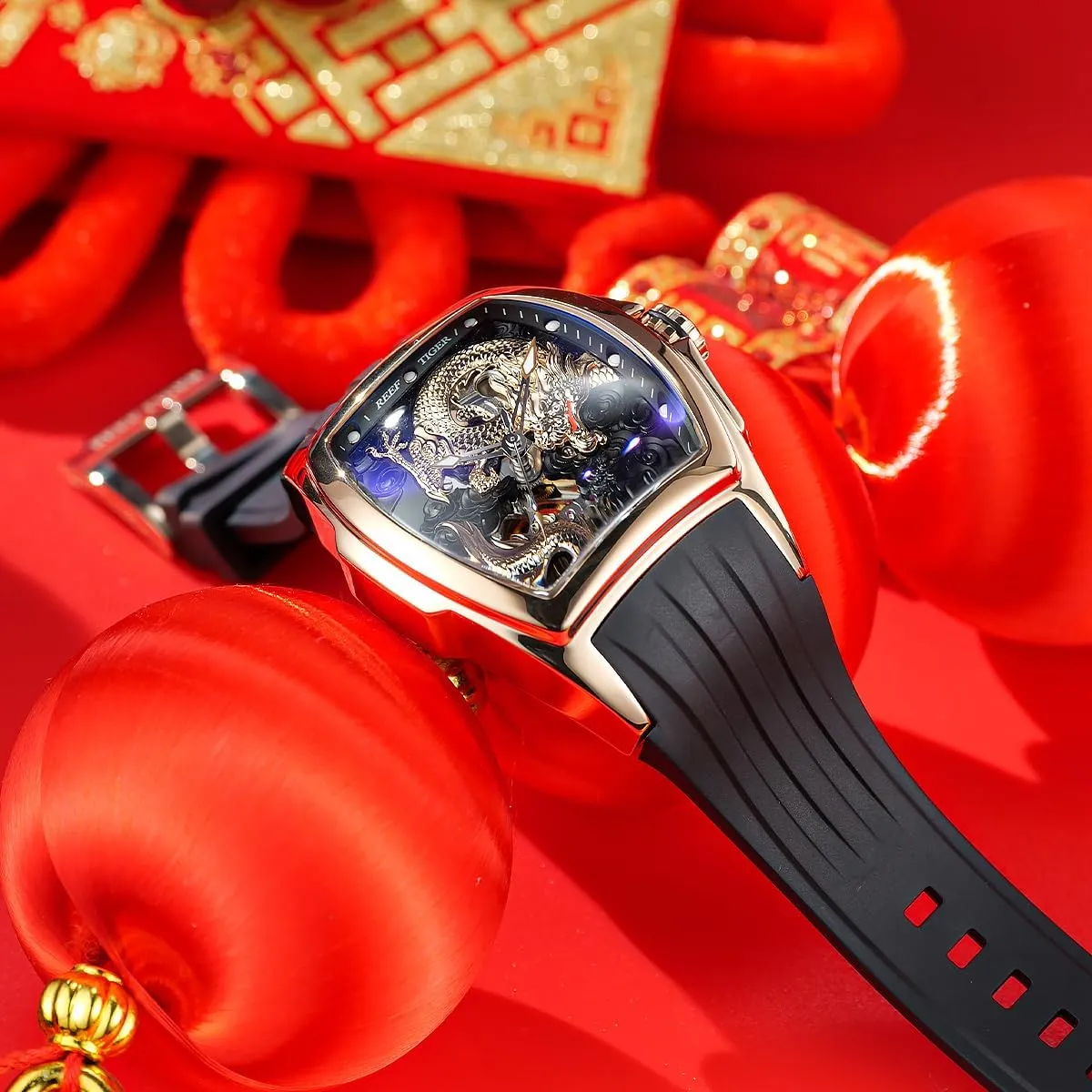 Automatic Watch Self-Winding Lumious Dragon Dial Watches Waterproof Wristwatch RGA3061 REEF agenda club eternal rehabilitation violent TIGER Men??s Luxury Tonneau Skeleton Mechanical 