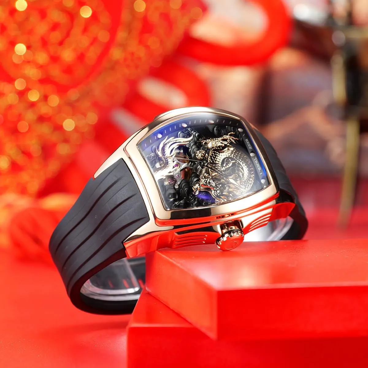 Automatic Watch Self-Winding Lumious Dragon Dial Watches Waterproof Wristwatch RGA3061 REEF agenda club eternal rehabilitation violent TIGER Men??s Luxury Tonneau Skeleton Mechanical 