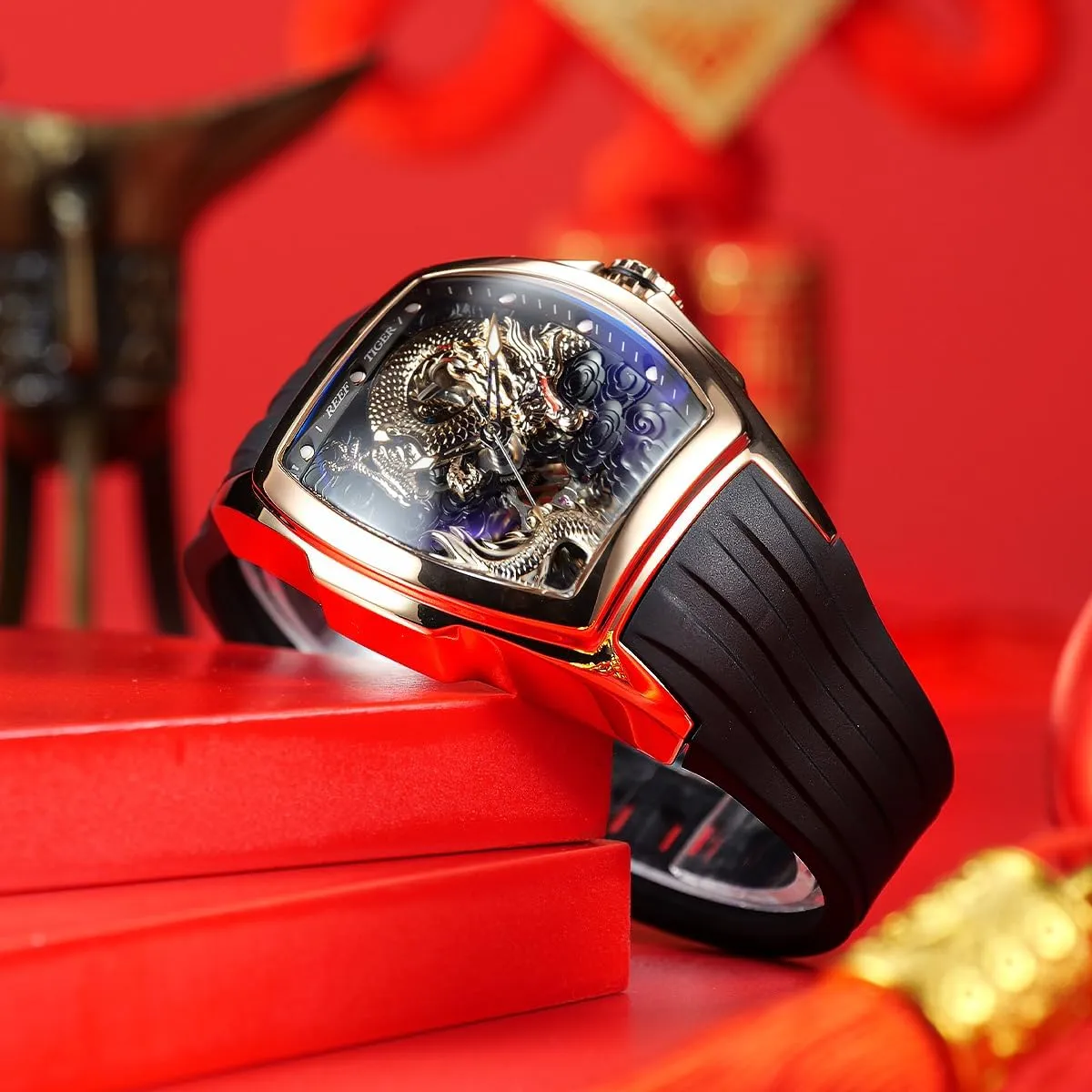 Automatic Watch Self-Winding Lumious Dragon Dial Watches Waterproof Wristwatch RGA3061 REEF agenda club eternal rehabilitation violent TIGER Men??s Luxury Tonneau Skeleton Mechanical 