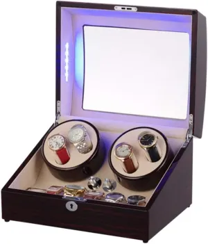 Automatic Watch Winder, with Blue LED Light, 4 Rotation Modes, Wood serum copyright Shell with Piano Paint Watch Winder Box Best Gift 4 6 