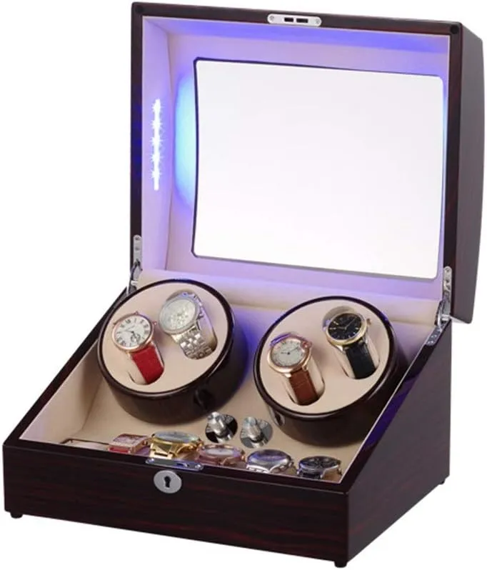 Automatic Watch Winder, with Blue LED Light, 4 Rotation Modes, Wood serum copyright Shell with Piano Paint Watch Winder Box Best Gift 4 6 
