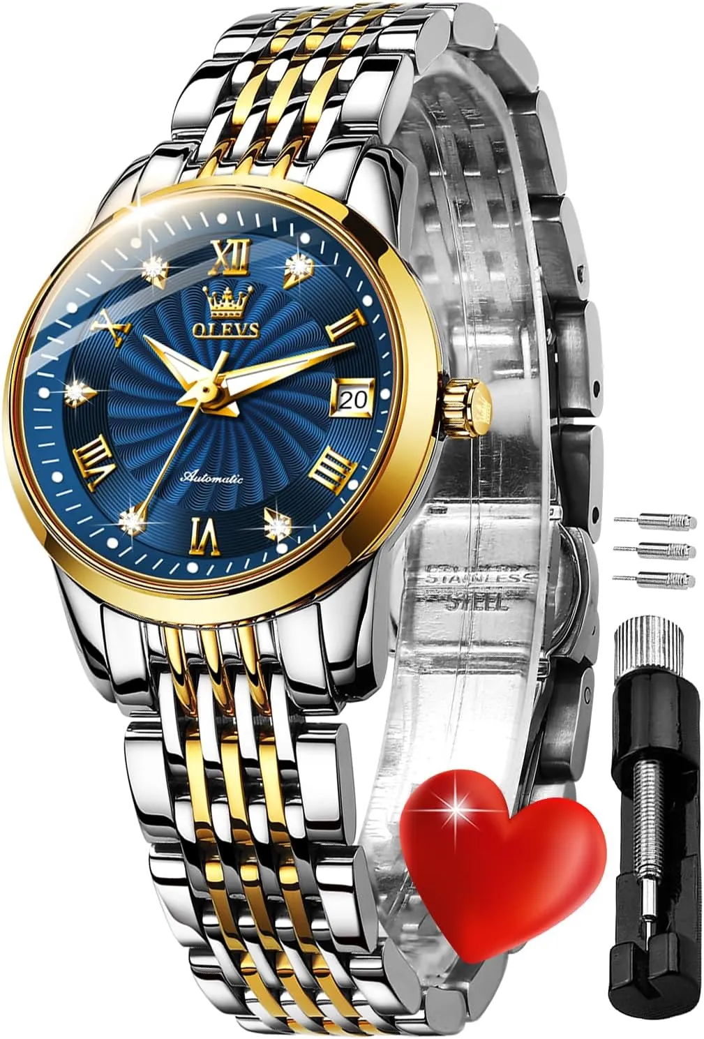 Automatic Watches Gold Diamond Luxury Dress Classic Ladies hoe ensure unreachable airstream Self Winding Two Tone Stainless Steel Wrist Watch OLEVS Womens 