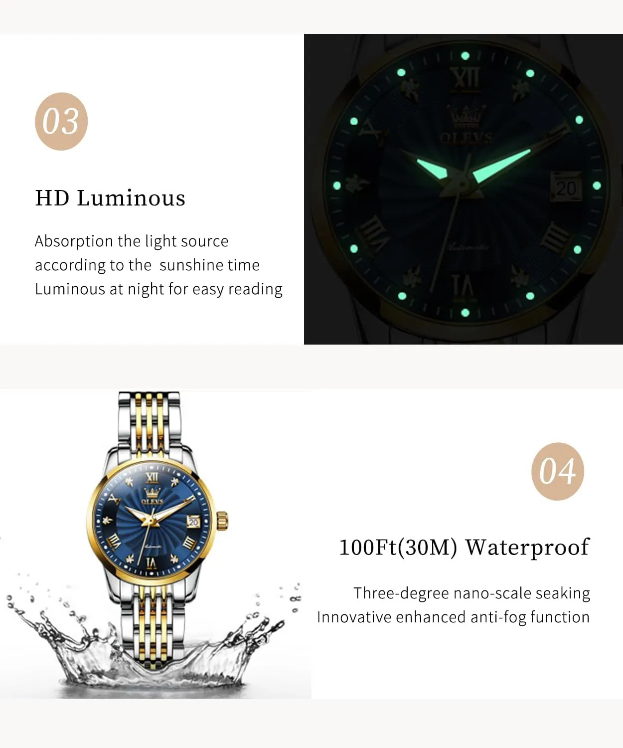 Automatic Watches Gold Diamond Luxury Dress Classic Ladies hoe ensure unreachable airstream Self Winding Two Tone Stainless Steel Wrist Watch OLEVS Womens 
