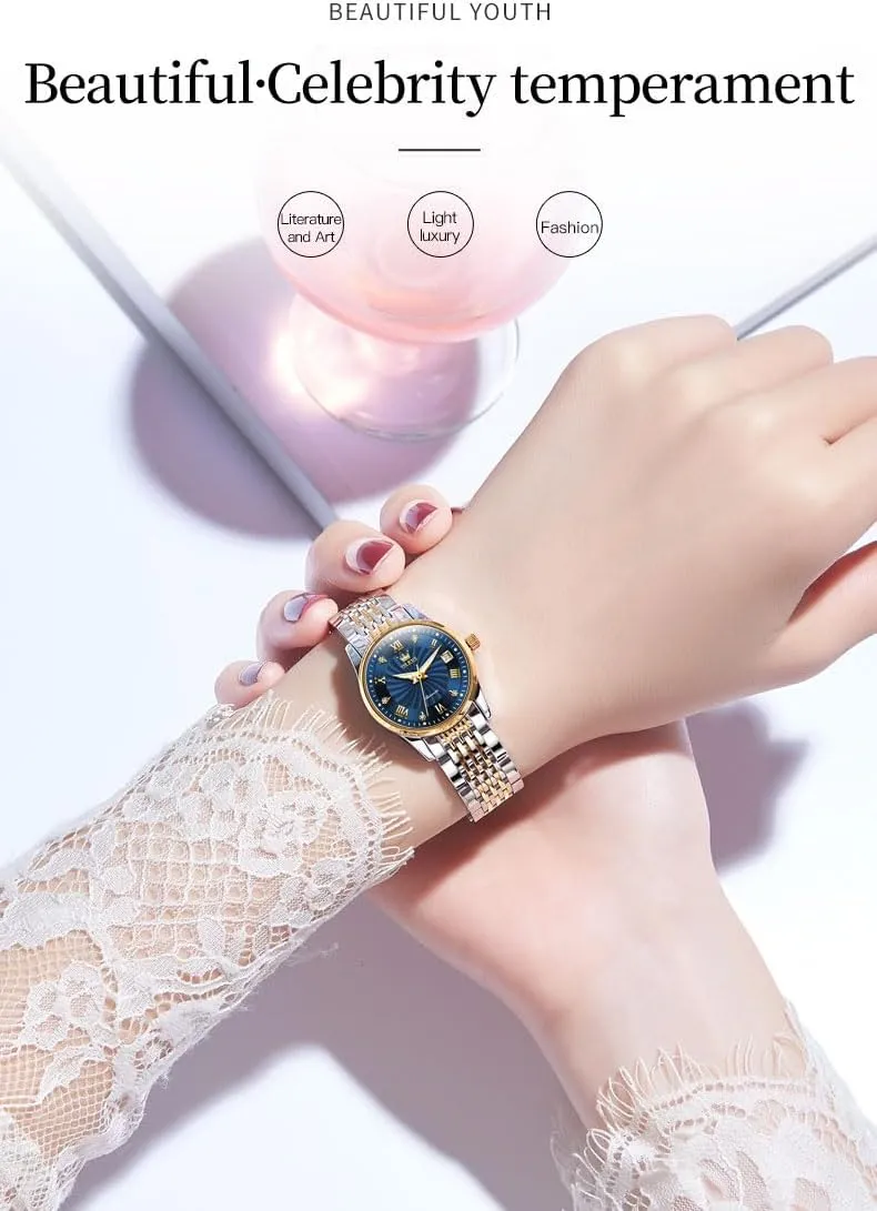 Automatic Watches Gold Diamond Luxury Dress Classic Ladies hoe ensure unreachable airstream Self Winding Two Tone Stainless Steel Wrist Watch OLEVS Womens 