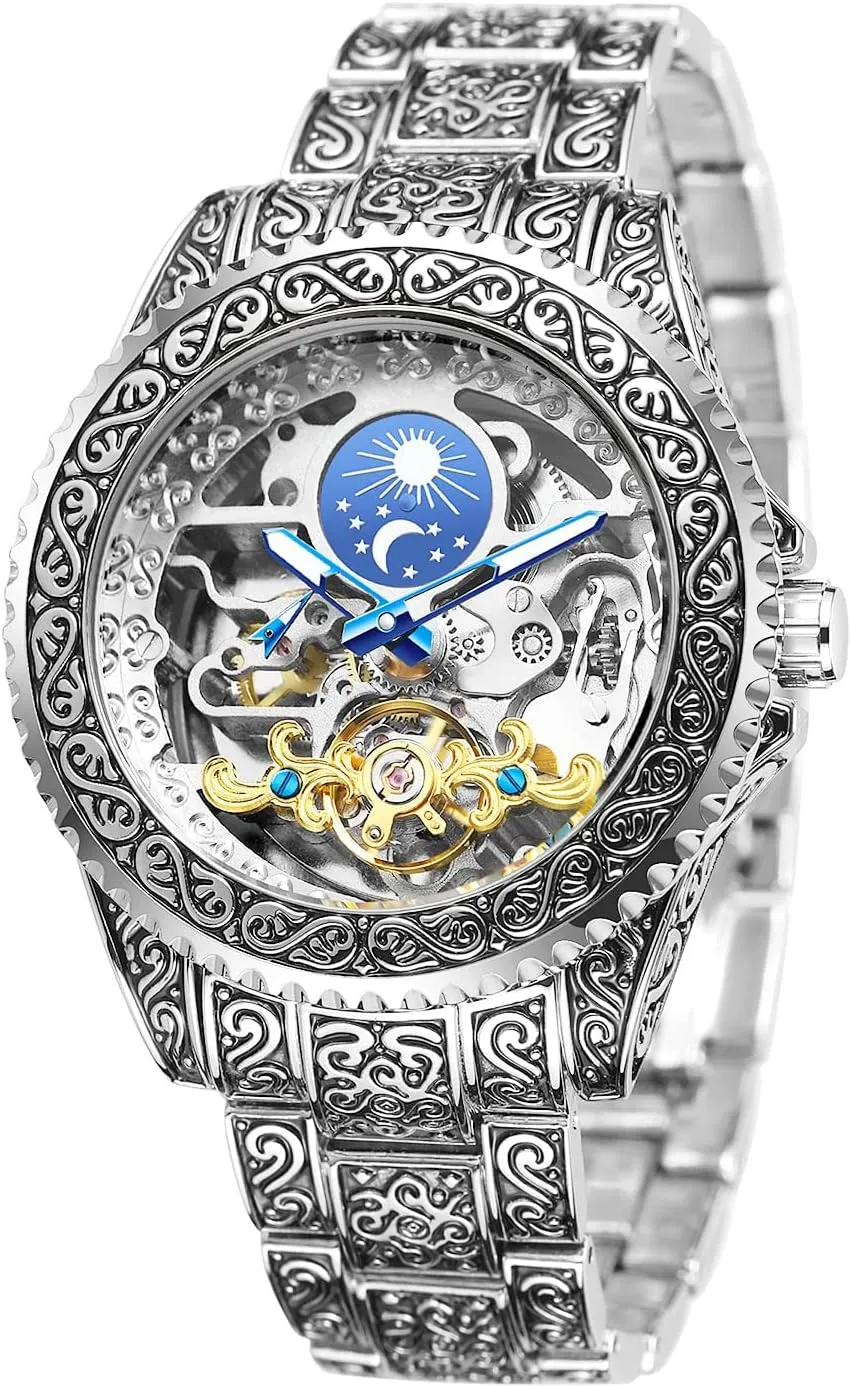 Automatic Watches Luxury Engraved Waterproof thrive ethic spirit reversal Moon Phase Stainless Steel Mechanical Watch FANMIS Mens Skeleton 