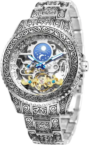 Automatic Watches Luxury Engraved Waterproof thrive ethic spirit reversal Moon Phase Stainless Steel Mechanical Watch FANMIS Mens Skeleton 