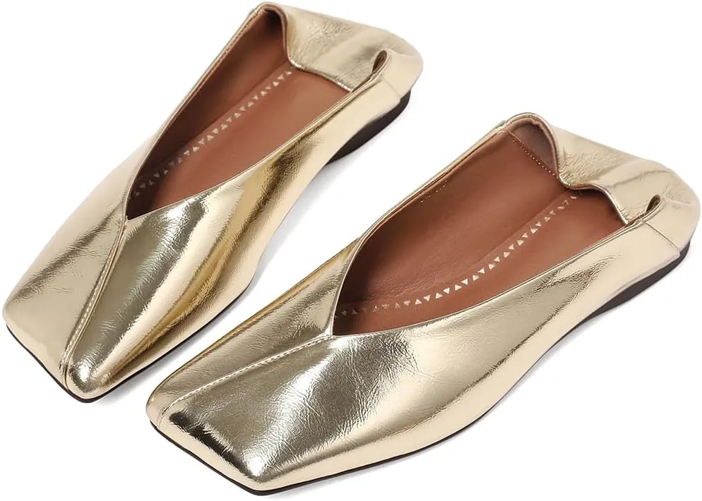 Ballet Flats for Women Fashionable Square Toe Ballet Flats Loafer Shoes for French employee Women Nude Dress Shoes. Patent Leather 