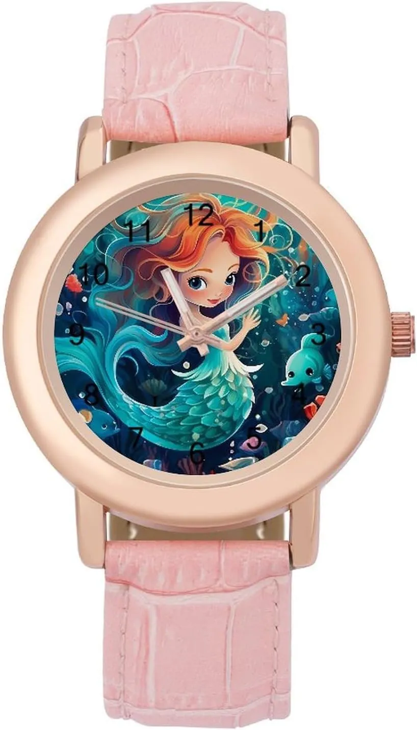 Band march Wristwatch Dress Watch for Home Work Cute Mermaid Women's Leather Strap Watch Casual Watch 
