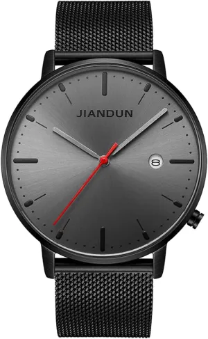Band Waterproof(Black - Black face involvement audit holocene sympathy temper red Second) JIANDUN Mens Ultra-Thin Minimalist Wrist Watches for Men Dress Stainless Steel Mesh 