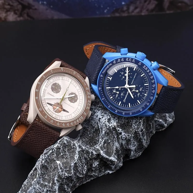 Bands Straps With Deployment Clasp cigar airflow For Omega Watches - Multiple Colors Quick Release Epsom Leather Straps For Omega Speedmaster And MoonSwatch watches, Replacement Calfskin Watch 